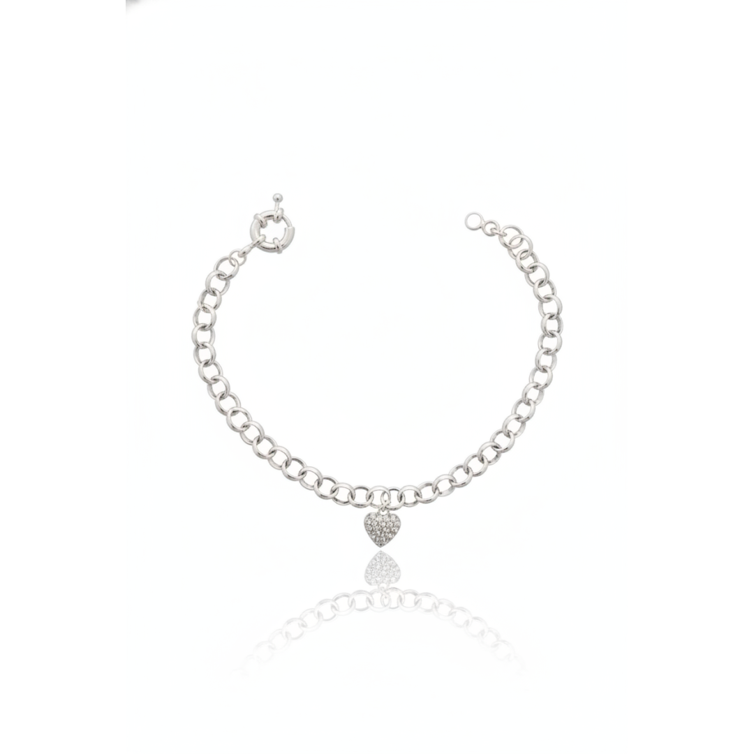 Pulseira elo português 5mm coração 1cm cravejado Pulseira elo português 5mm coração 1cm cravejado